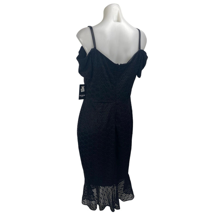 NEW Guess Black Floral Off The Shoulder Lace Ruffle Midi Bodycon Dress Size 14
