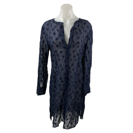 Mansur Gavriel Navy Blue Linen Floral Embroidered Long Sleeve Mini Shift Dress 8