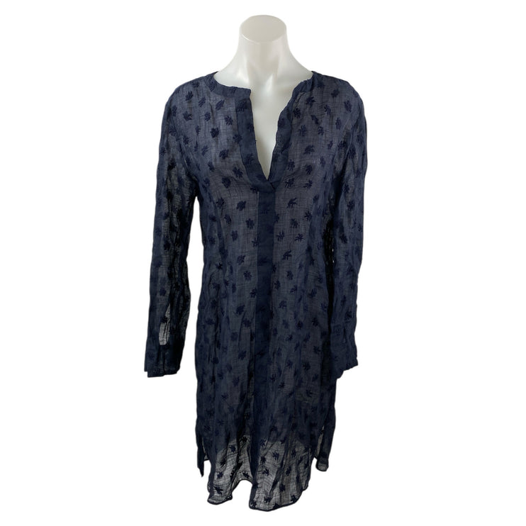 Mansur Gavriel Navy Blue Linen Floral Embroidered Long Sleeve Mini Shift Dress 8