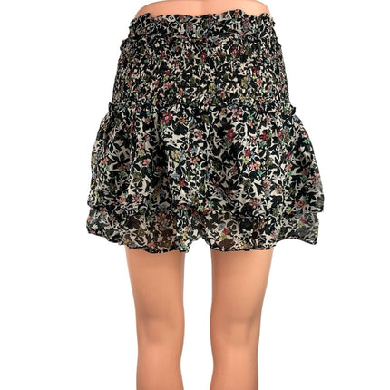 Zara Black Floral Smocked High Waist Ruffle Pull On Mini Skirt Skort Size S