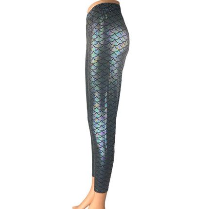 Women's Black Mermaid Scale Print Skinny High Rise Trousers Leggings Pants Sz M