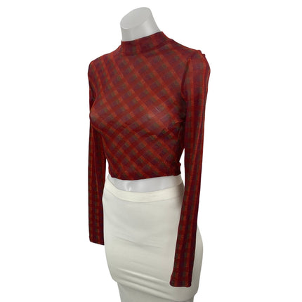 Urban Outfitters Red Plaid Mock Neck Long Sleeve Open Back Cropped Blouse Sz S