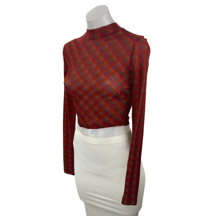 Urban Outfitters Red Plaid Mock Neck Long Sleeve Open Back Cropped Blouse Sz S