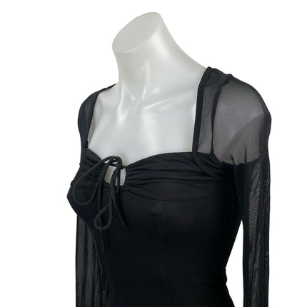 Princess Polly Women's Black Sheer Mesh Long Sleeve Tie Neck Crop Blouse Top 2