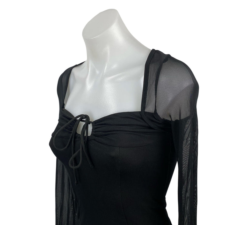 Princess Polly Women's Black Sheer Mesh Long Sleeve Tie Neck Crop Blouse Top 2