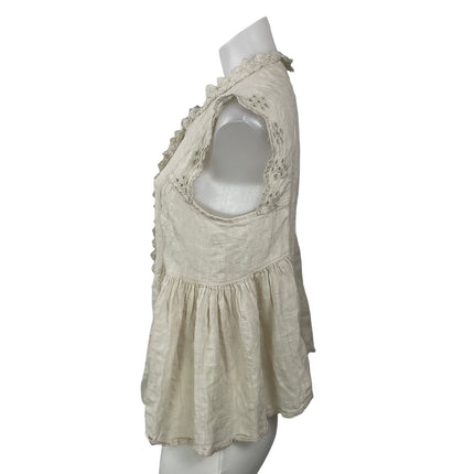 Max Studio Women's Beige Sleeveless Ruffles Crochet Button Front Blouse Top Sz M
