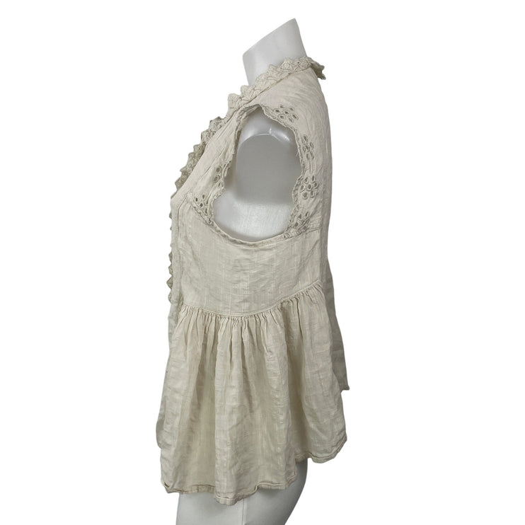 Max Studio Women's Beige Sleeveless Ruffles Crochet Button Front Blouse Top Sz M