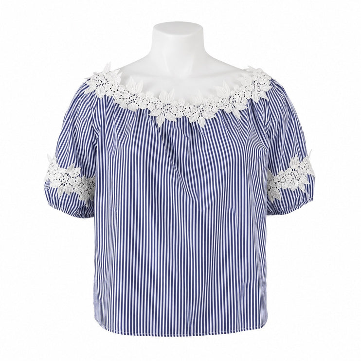 NEW Good Times Blue White Striped Floral Short Puff Sleeve Blouse Top Sz 1X/2X