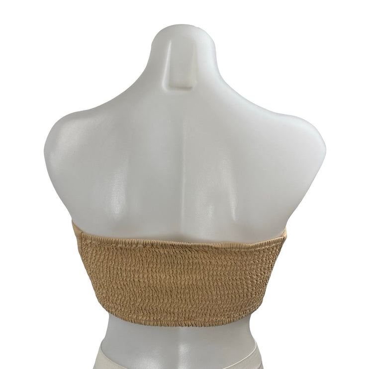 Zara Tan Linen Textured 3D Flower Floral Strapless Bandeau Tube Crop Top Size XS