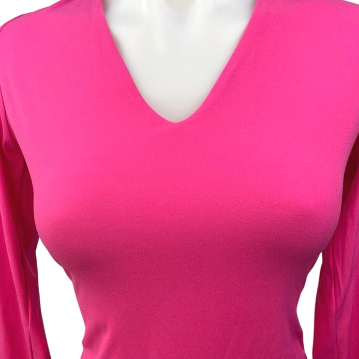 Pumiey Pink V-neck Long Sleeve Stretch Slim Bodysuit Thong T Shirt Top Size L