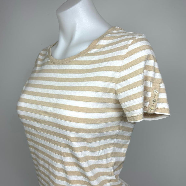 Tommy Hilfiger Cotton Beige Striped Short Sleeve Crew Neck T-Shirt Top Size M