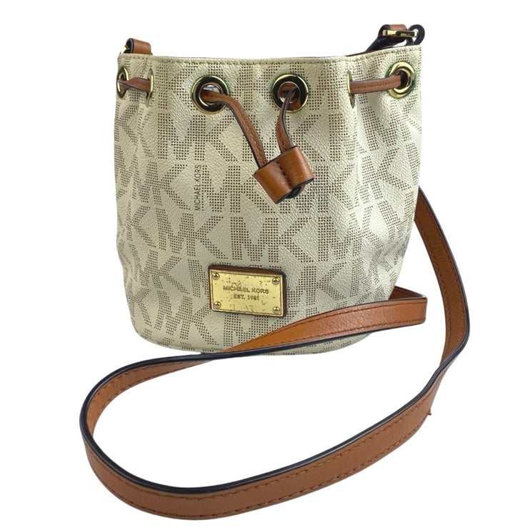 Michael Kors Jules White Tan Monogram Leather Crossbody Bucket Hangbag One Size
