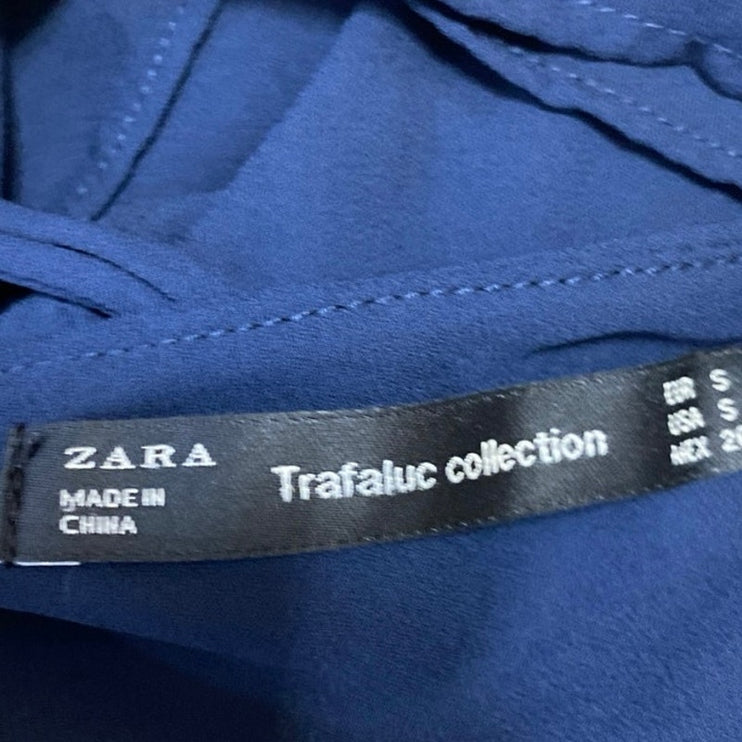 Zara Women's Blue Lace Up Open Back V-Neck Long Bell Sleeve Blouse Top Size S