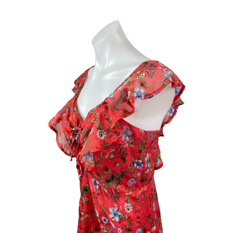 Lea & Viola Red Floral Ruffle Short Sleeve Tiered Sweetheart Tank Mini Dress M