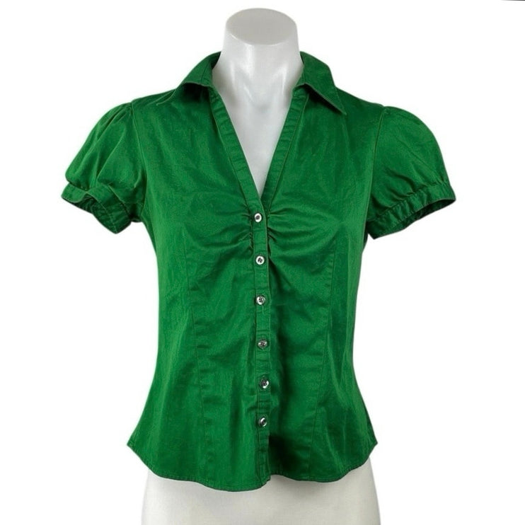 Ann Taylor LOFT Petites Green Ruched Puff Sleeve Button Down Shirt Blouse Top SP