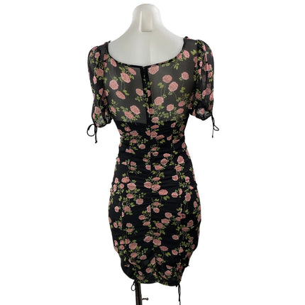 For Love & Lemons Biscotti Black Silk Floral Fitted Ruched Mini Bodycon Dress XS