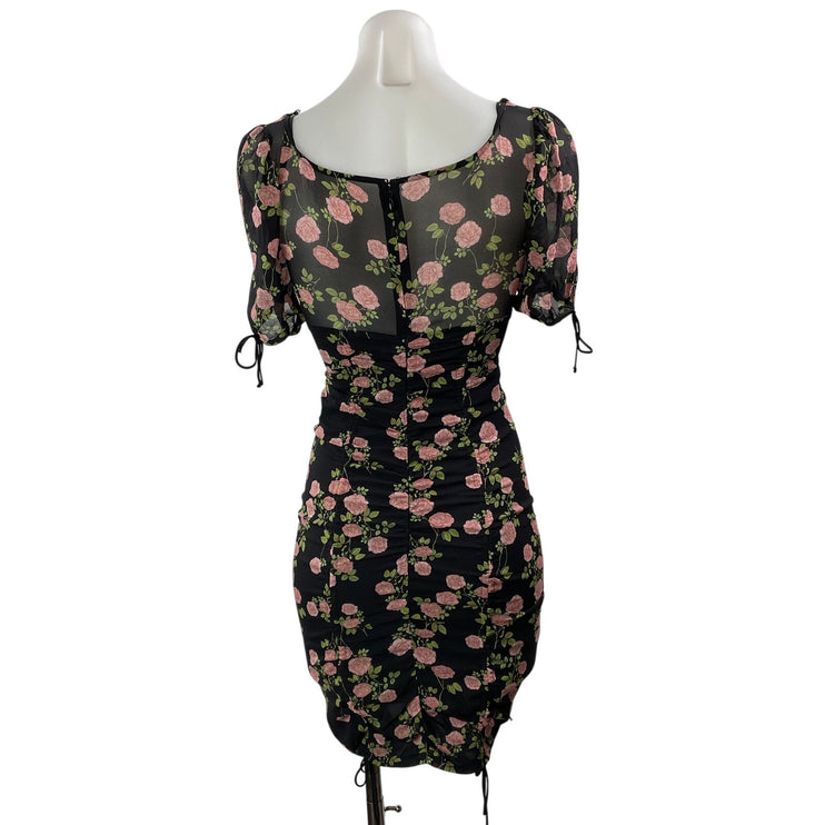 For Love & Lemons Biscotti Black Silk Floral Fitted Ruched Mini Bodycon Dress XS