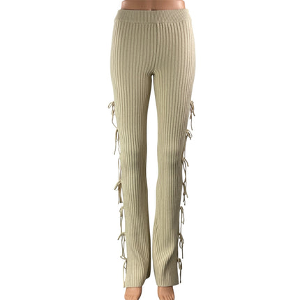 NEW GUIZIO Beige High Waist Ribbed Knit Side Tie Straight Flared Trouser Pant XS