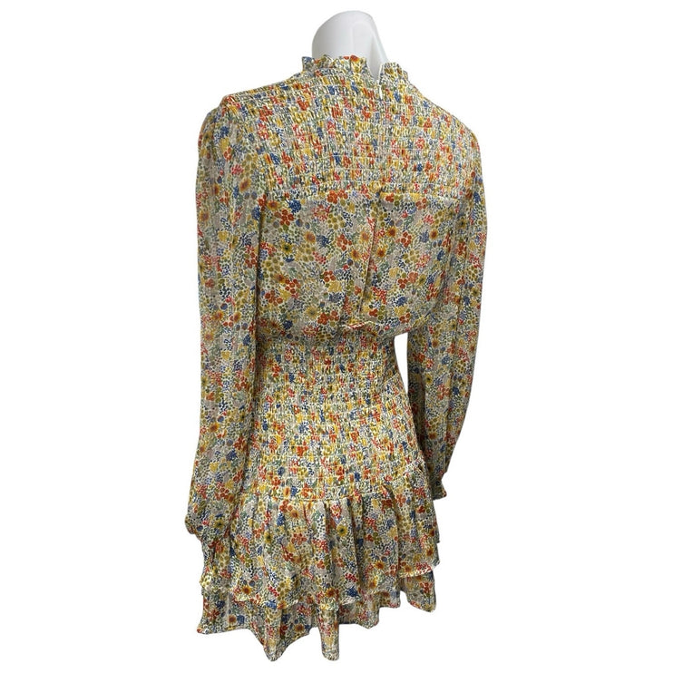 Aqua Multicolor Floral Smocked Tiered Ruffle Long Sleeve Mini A-line Dress Sz XS