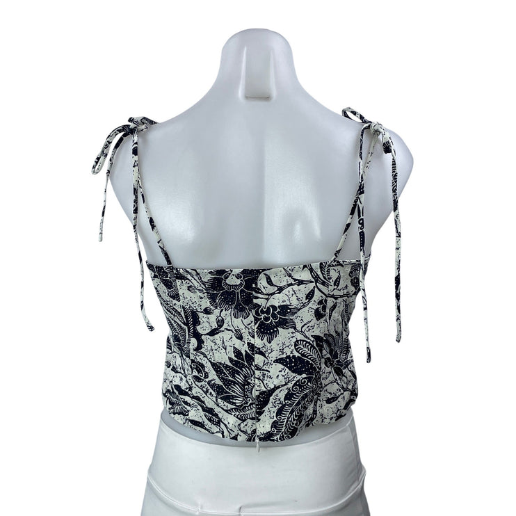 Adong Silk Women White Black Floral Tie Strap Sleeveless Bustier Crop Top Size S