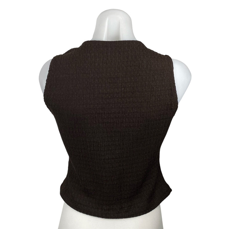 Zara Women Brown Sleeveless Crinkle Knit V Neck Button Up Vest Blouse Top Size S