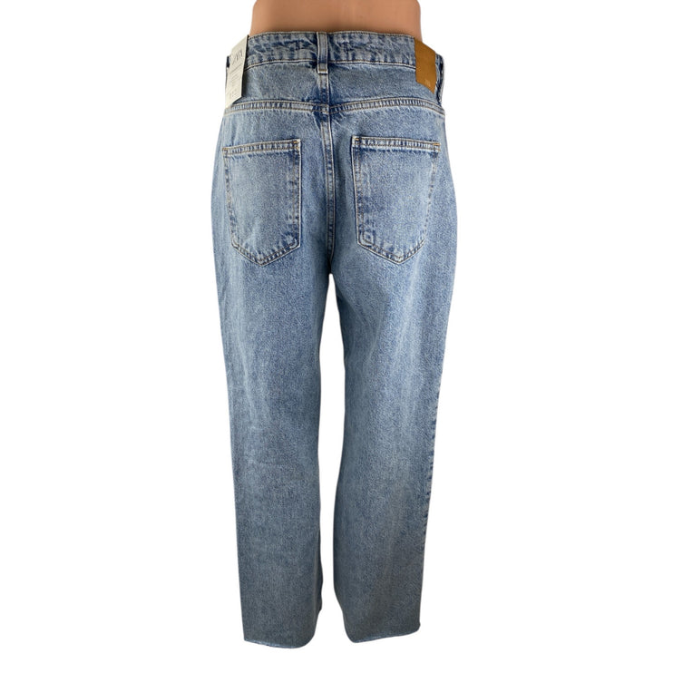 NEW Zara Blue Light Wash Raw Hem High Rise Straight Leg Denim Jeans Pants Sz 38