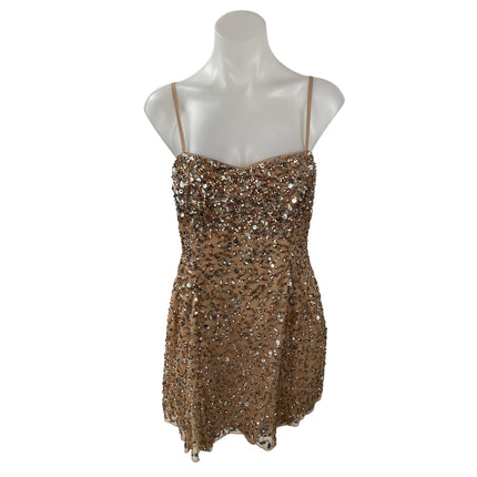 Majorelle Women's Tan Sequin Sparkly Sweetheart Cami Tank Mini A Line Dress M