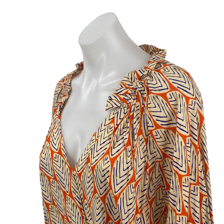 Tinley Women's Coral Leaf Abstract V Neck Ruffle Long Sleeve Blouse Top Size M