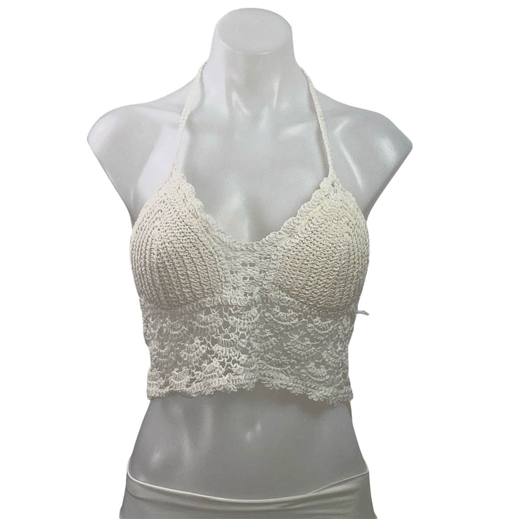 NEW Sergio Modamare White Crochet Knit Halter Tie Open Back Boho Crop Top Size S