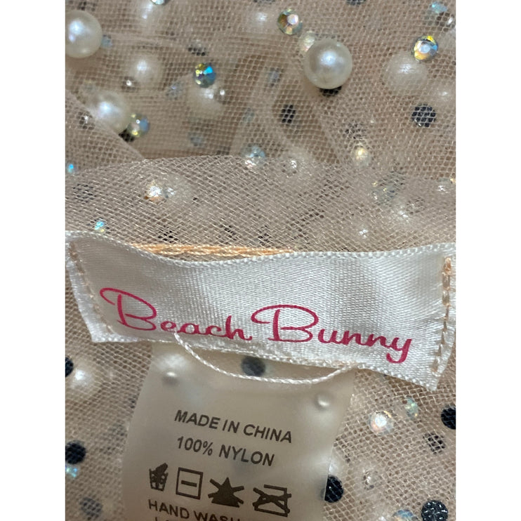 Beach Bunny Beige Pearl Beaded Rhinestone Sheer Mesh Tie Beach Cover Up One Size