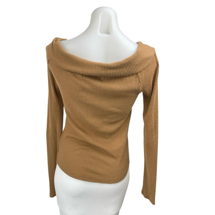 Free People We The Free Tan Ribbed Knit Long Sleeve V Neck Sweater Top Size M