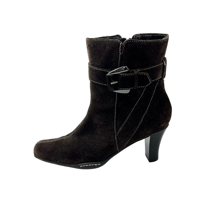 Aerosoles Women's Brown Suede Buckle Square Toe Block Heel Ankle  Boots Size 7.5