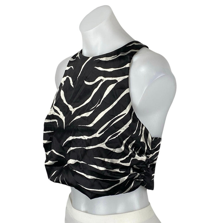 Zara Women's Black Satin Sleeveless Animal Print Crossback Crop Tank Top Size M