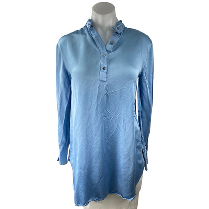 Zara Women's Blue Silk Satin Long Sleeve Henley Button Shirt Tunic Dress Size S