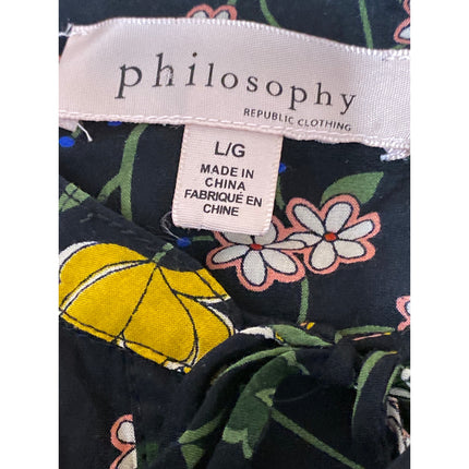 Philosophy Black Floral Long Sleeve Tie Neck Keyhole Shirt Blouse Top Size L