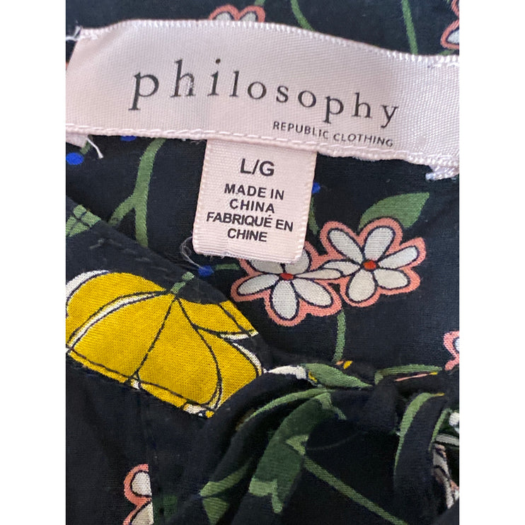 Philosophy Black Floral Long Sleeve Tie Neck Keyhole Shirt Blouse Top Size L
