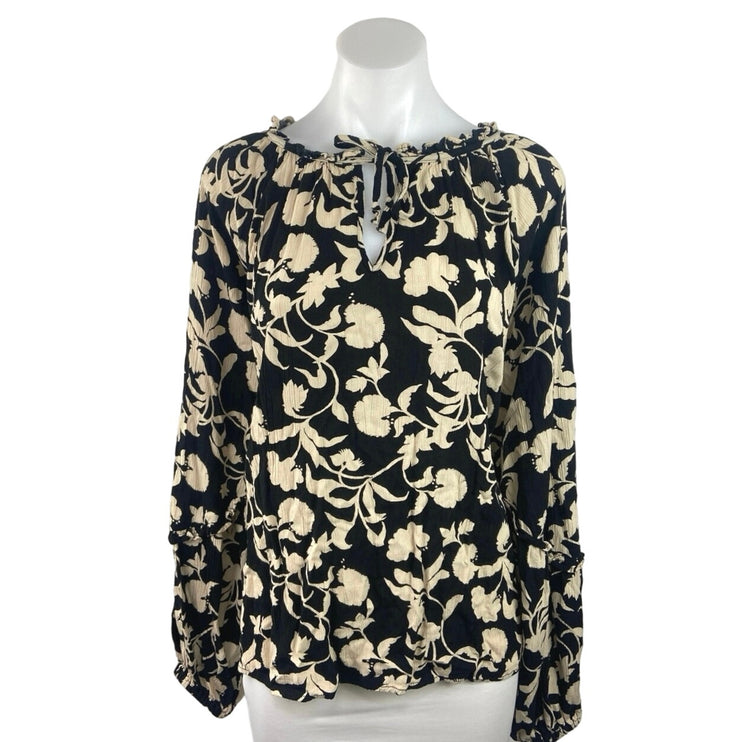 Knox Rose Black Floral Print Ruffle Tie Neck Balloon Long Sleeve Blouse Top Sz L