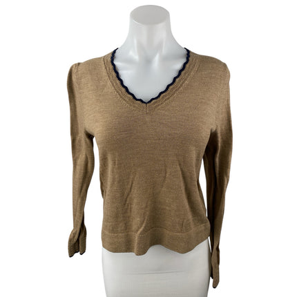 Boden 100% Wool Browm Women's V-Neck Long Sleeve Knit Crop Sweater Top Size M