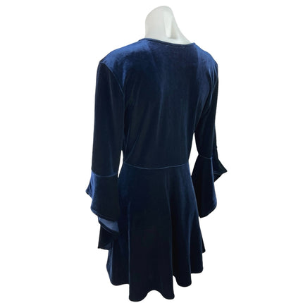 Lulus Women's Blue Velvet Long Bell Sleeve Deep V-Neck Mini Skater Dress Size M