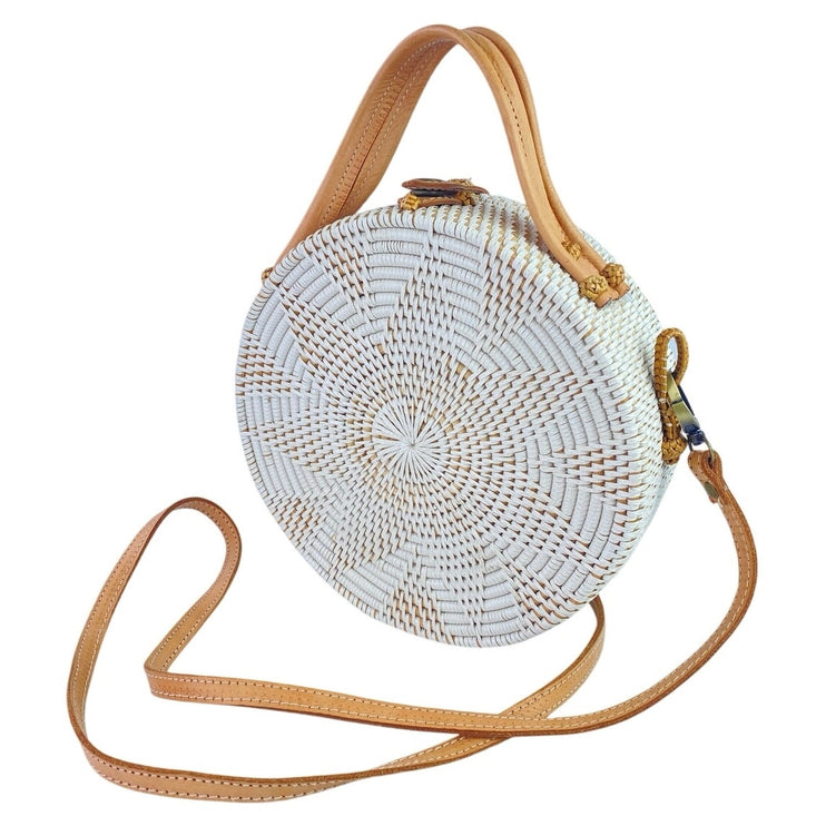 Street Level White Tan Round Crossbody Sling Strap Boho Bali Rattan Handbag OS