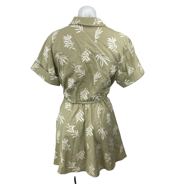 Zara Green Embroidered Leaf Linen Short Sleeve Belt A Line Mini Shirt Dress M