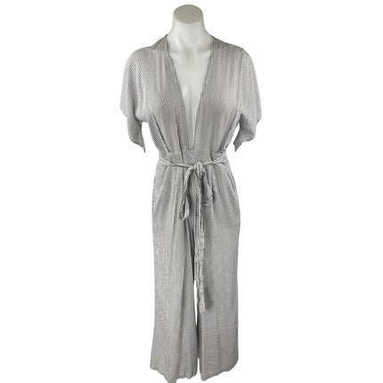 Skylar + Madison White Black Striped Short Sleeve Plunging Wide Leg Jumpsuit M