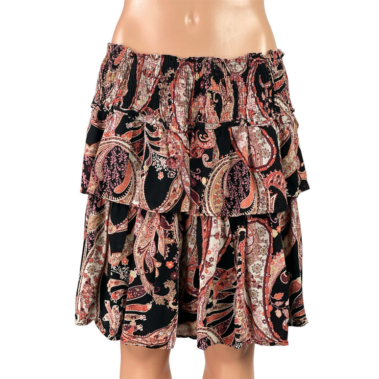 Anthropologie Myla Ruffled Boho High Waist Paisley Tiered A Line Mini Skirt Sz L