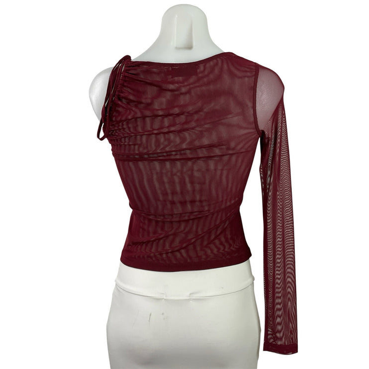 Edikted Jupiter Burgundy Red One Shoulder Long Sleeve Mesh Sheer Blouse Top Sz S