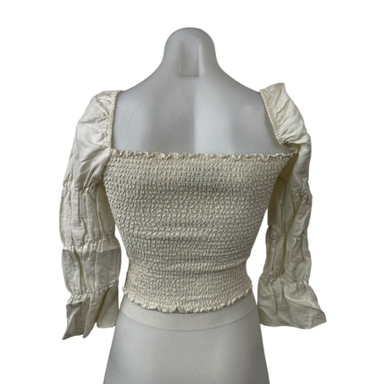 Reformation White Linen Smocked Square Neck 3/4 Puff Sleeve Crop Blouse Top XS