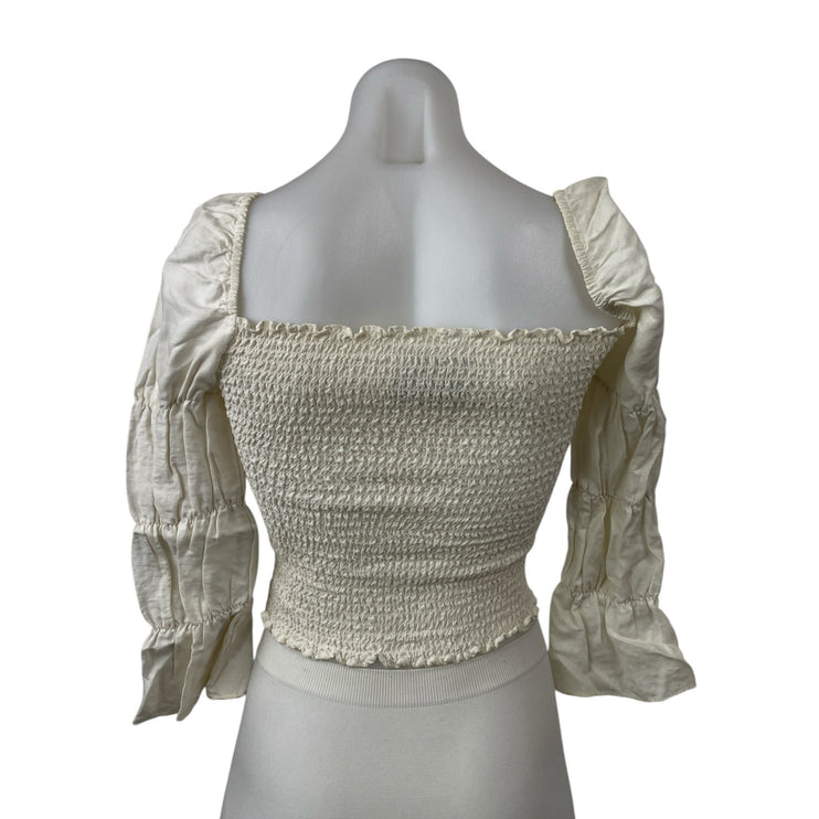Reformation White Linen Smocked Square Neck 3/4 Puff Sleeve Crop Blouse Top XS