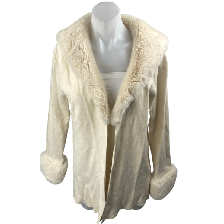 Sioni Women's Cream Long Sleeve Faux Fur Shawl Collar Cardigan Sweater Top Sz M