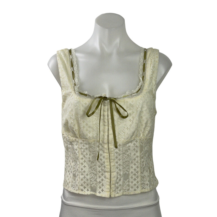 Beverly & Beck Cream Floral Eyelet Lace Tie Sleeveless Tank Corset Crop Top Sz M
