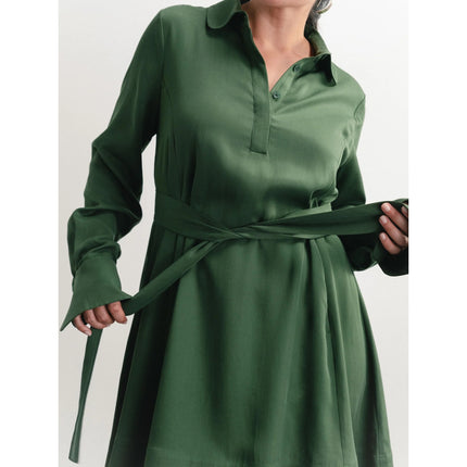 NEW Darling Green Long Sleeve Button Collar Tie Waist Belted Mini Shirt Dress S