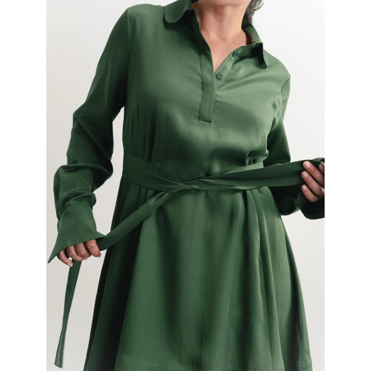 NEW Darling Green Long Sleeve Button Collar Tie Waist Belted Mini Shirt Dress S